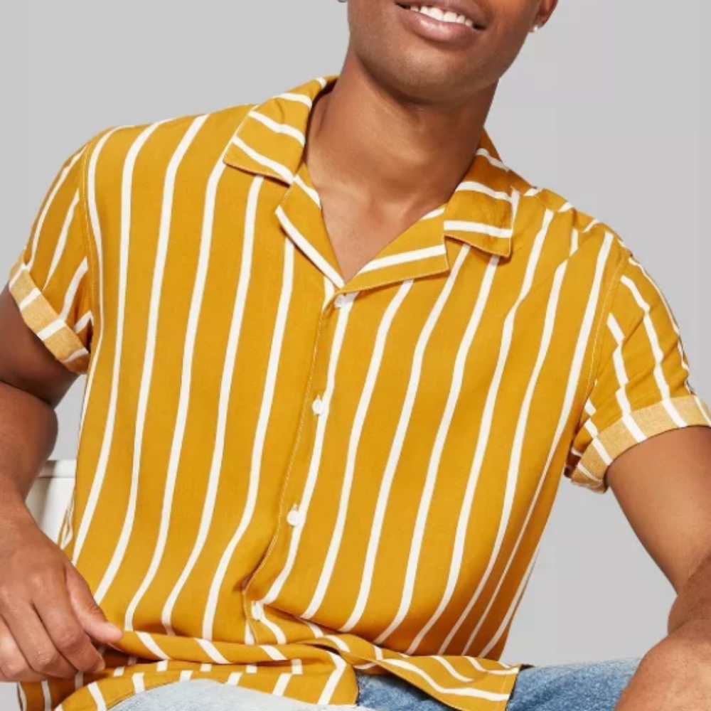 Men's Mustard Yellow Striped Casual Button-Down Shirt